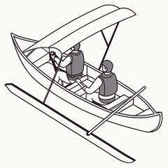 Two people in a paddle boat with canopy paddling watercraft