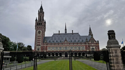 This photo beautifully showcases the Peace Palace in The Hague, Netherlands.