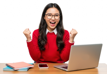 An excited young woman in glasses celebrating success while working on a laptop, isolated on white isolated on transparent background