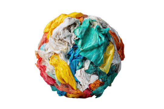 Colorful ball of crumpled fabric waste