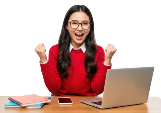 An excited young woman in glasses celebrating success while working on a laptop, isolated on white isolated on transparent background