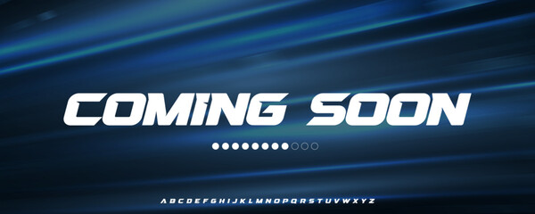 Speed-Inspired Coming Soon Typography with Dynamic Italic Letters and Progress Dots, Ideal for Sports Apps, Racing Events, or Action Game Intros. Slanted Fast Bold Display Font. Vector Illustration