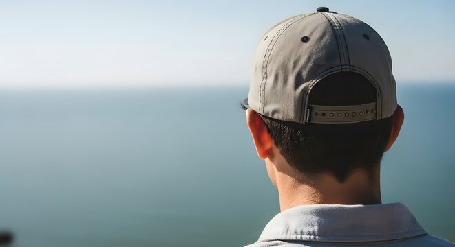 Back view of a person wearing a gray baseball cap and looking out at the sea