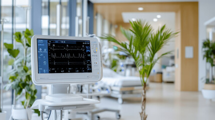 Medical monitor displaying vital signs in modern hospital environment with greenery