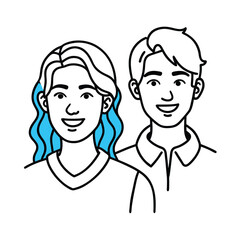 Monoline portrait of two non binary friends smiling and holding hands vector line art on white background