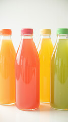 Refreshing fruit juices in colorful bottles, showcasing vibrant orange, red, yellow, and green hues, perfect for healthy lifestyle