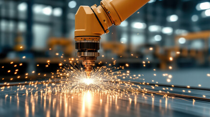 Industrial robotic arm welding steel component, creating sparks in factory setting