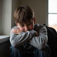 Young boy sits by window, looking pensive and sad, with his arms crossed over his knees. soft light highlights his thoughtful expression