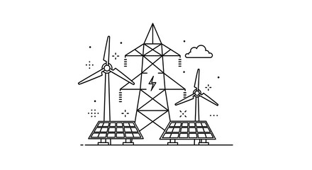 Clean energy drawing shows windmills, power lines, and solar panels as part of renewable sustainability to fight carbon pollution.