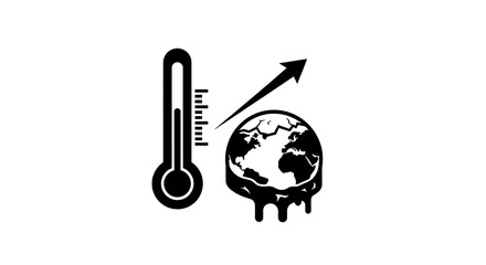 Global warming illustration showing a thermometer and melting planet Earth with an upward arrow representing rising temperatures in black and white.