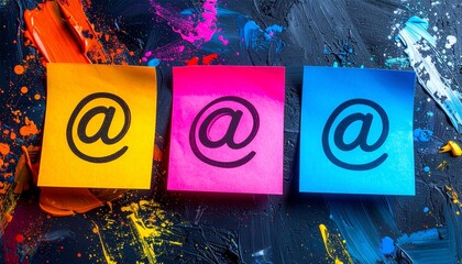 Set of three @ symbols, handwritten arroba on separate sticky notes with different colors,  yellow, pink, blue, at sign, message, communicate, 