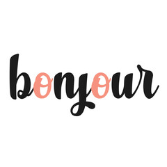 Bonjour word in elegant black and pink typography. Stylish French greeting text design ideal for posters, cards, home decor, or travel-themed products celebrating French culture and charm
