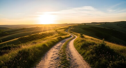 Naklejka premium A winding dirt road traverses sundrenched rolling hills at sunset