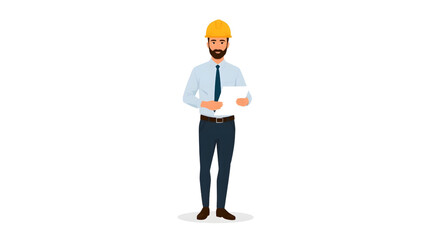 Vector illustration of a confident male engineer wearing a safety helmet and holding a document, symbolizing project planning and construction supervision in a professional setting.