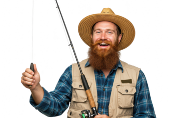 A happy, bearded man wearing a straw hat and fishing vest holds a fishing rod, isolated on a transparent background