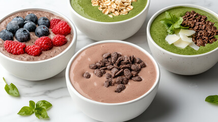 Creamy smoothie bowls topped with fresh fruits, granola, and chocolate. vibrant and healthy