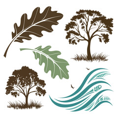 Fototapeta premium Stylized nature elements with trees leaves and waves birds