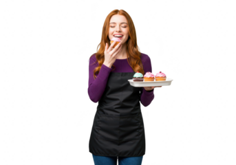 A happy baker with red hair wearing an apron enjoys a colorful cupcake from a tray isolated on transparent background