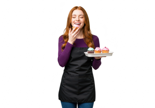 A happy baker with red hair wearing an apron enjoys a colorful cupcake from a tray isolated on transparent background