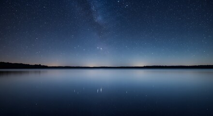Starry Night Sky Over Calm Water Reflecting Milky Way in a Serene Landscape