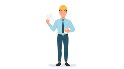 Vector illustration of a confident male engineer wearing a safety helmet and holding a document, symbolizing project planning and construction supervision in a professional setting.