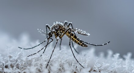 Fototapeta premium Closeup of a Mosquito with Dew Drops Resting on a Soft Surface in Natural Environment