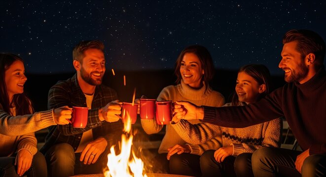 A cinematic image of a family toasting marshmallows over an outdoor fire pit after Thanksgiving dinner, their faces lit by the warm glow.