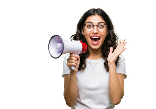 An excited young woman with glasses holds a megaphone and shouts with a surprised expression, isolated on white isolated on transparent background