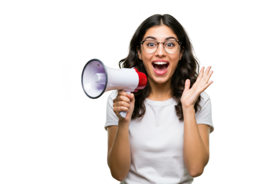 An excited young woman with glasses holds a megaphone and shouts with a surprised expression, isolated on white isolated on transparent background