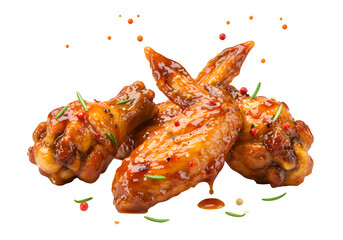 Delicious, juicy BBQ chicken wings glistening with sticky glaze, scattered with herbs and spices, isolated on white or transparent background. PNG format.