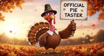 Naklejka premium A charming cartoon turkey character with a serious expression, holding a funny, hand-painted sign that reads 