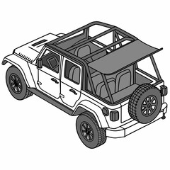 White convertible S U V with grey roll cage and spare tire offroad vehicle