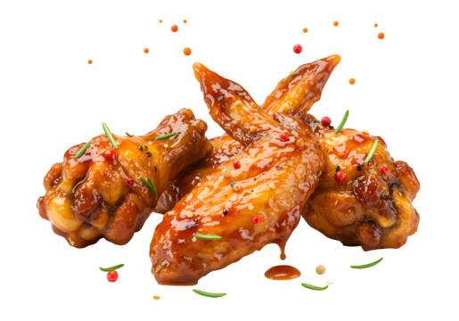 Delicious, juicy BBQ chicken wings glistening with sticky glaze, scattered with herbs and spices, isolated on white or transparent background. PNG format.