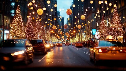 Christmas ornaments and lights decorating a fir tree on a city street at twilight, creating a festive atmosphere