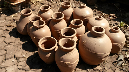 Traditional clay pots drying in sunlight