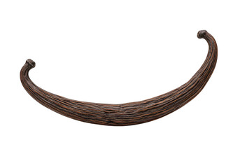 A single, long, dark brown vanilla bean with a curved shape, isolated on a transparent background