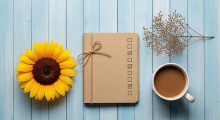 Overhead view of sunflower, notebook, dried flower, and coffee on light wood