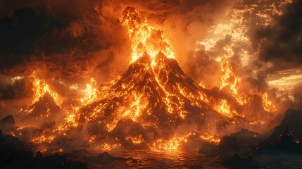 Volcanic eruption with fiery apocalyptic destruction long title Dramatic depiction of a volcanic eruption on a massive scale with intense