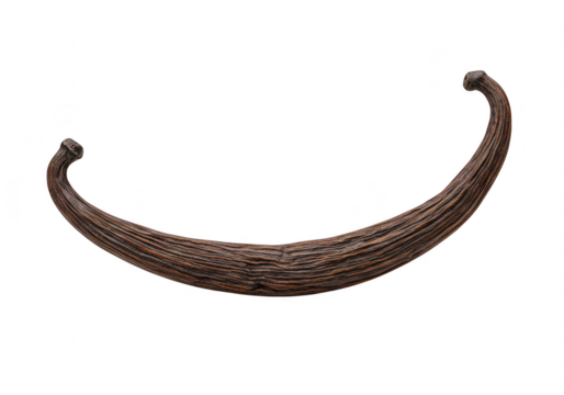 A single, long, dark brown vanilla bean with a curved shape, isolated on a transparent background