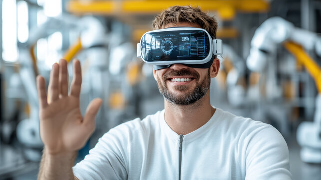 Virtual reality technology enhances user experience robotics. smiling man interacts with virtual