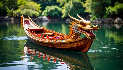 Obraz premium Ornate dragon boat on a calm lake