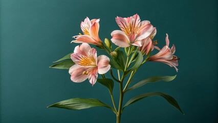 Fototapeta premium Delicate pink alstroemeria flowers with green leaves against a deep teal background