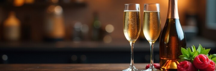 Two elegant champagne flutes, beside a bottle , special occasion, drinkware, food