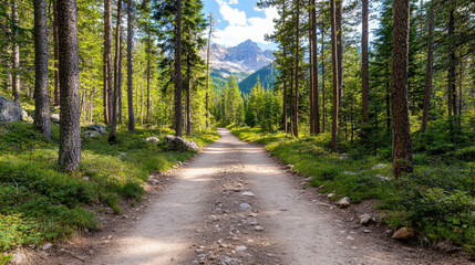 Wide angle view of forest trail surrounded by tall trees and mountains in background