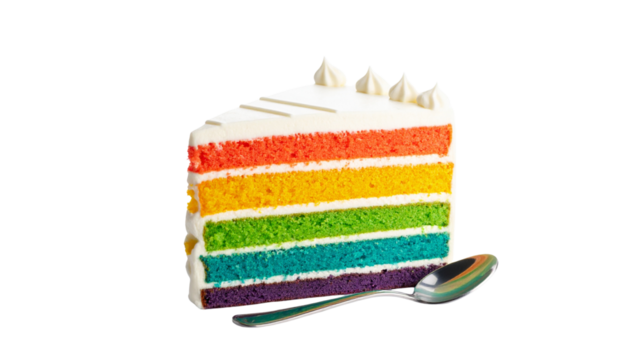 Delicious rainbow layer cake with white frosting and spoon isolated on solid white background Png