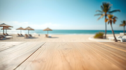 Fototapeta premium Serene beachfront scene with wooden deck view