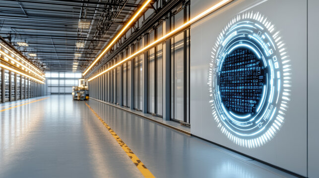Futuristic warehouse interior with digital interface and illuminated walls, showcasing advanced
