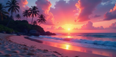 Vibrant sunset hues paint sky above tranquil island beach , beach, colorful