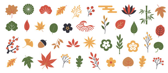 Autumn leaves title frame. Fall Japanese minimal cartoon decorative border elements with falling forest leaves, cute seasonal leaf and background. Vector simple autumn shapes