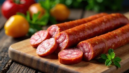 A tempting array of smoked sausage sticks on a wooden cutting board , smoky, healthy snack